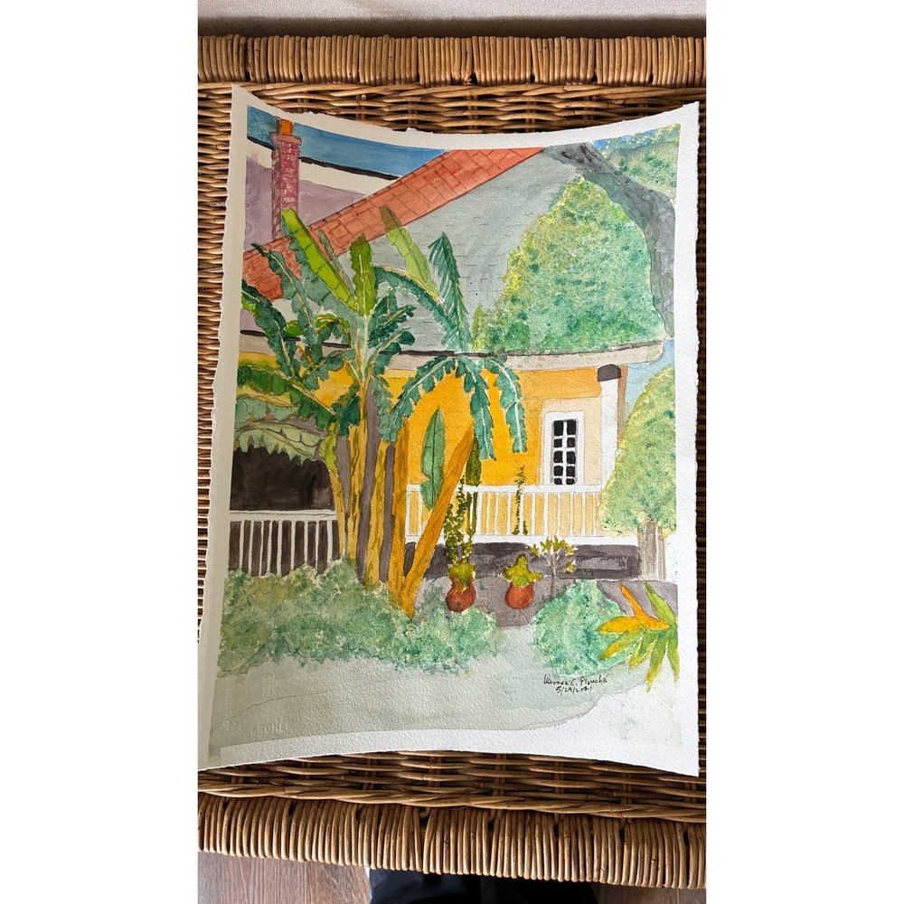 Warren C Plauché House with Banana Trees Original Watercolor Painting 2021 11x15